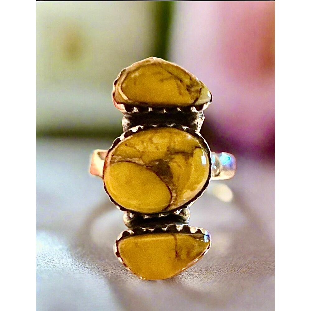 Honey Dahlia Tirquoise Three Stone Ring Size 6-10 Adjustable - Picture 3 of 5